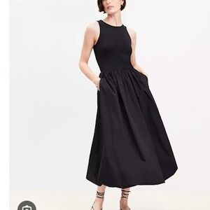 LOFT Black Poplin Bubble Mixed Media Midi Dress Sleeveless XXS‎ New with Tags